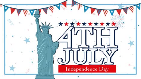 animation highlighting the statue of liberty with fireworks and patriotic banners for independence day