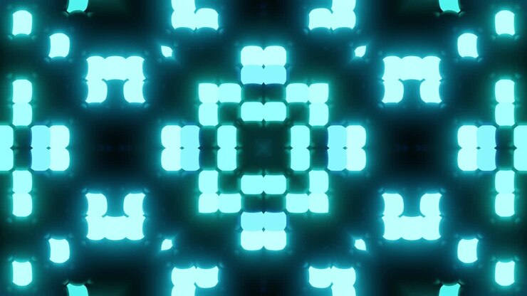 Abstract symmetrical composition, 3d elements light up like bulbs with multicolor neon light. Looped bg for show or events, exhibitions, festivals or concerts, music videos, DJ or VJ for night clubs.