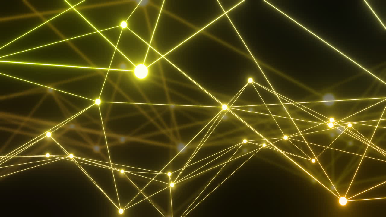 Animation of glowing yellow 3d network moving on black background