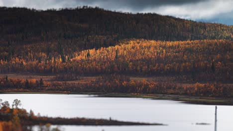 dark stormy clouds above the lake and forest-covered hills of the autumn tundra