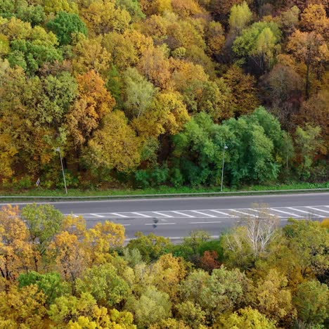highway in the forest. cars moving on a road on colorful trees background. transport on a road among beautiful autumn forest. camera moves to the right.