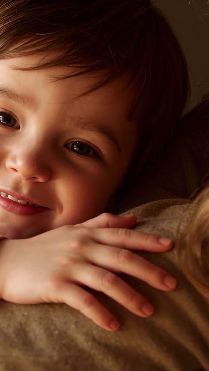 Video verticale: Bambino che riposa sulla spalla di un genitore, guarda in basso e tocca una mano sul divano, cercando calma.