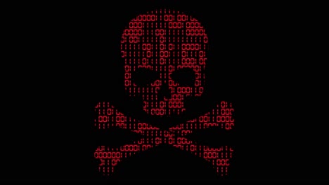gráfico de movimiento de alta tecnología, con tema de código binario animado, con motivo rojo de calavera y huesos cruzados estilo hacker de alta tecnología, sobre un fondo negro