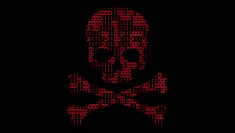 gráfico de movimiento de alta tecnología, con tema de código binario animado, con motivo rojo de calavera y huesos cruzados estilo hacker de alta tecnología, sobre un fondo negro