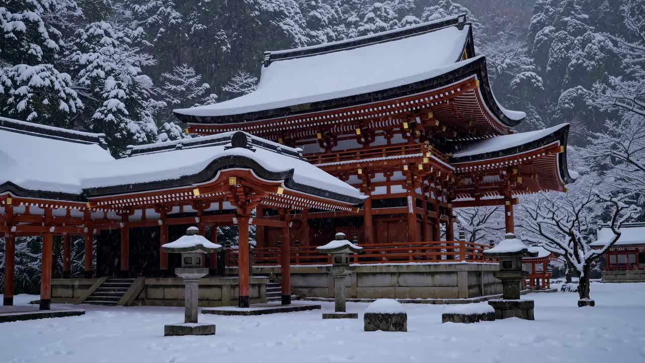 A serene winter scene of a traditional Japanese temple, captured at eye level