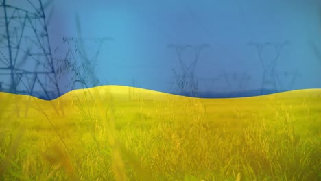 Animation-Der-Flagge-Der-Ukraine-über-Feld--Und-Strommasten