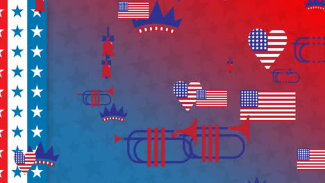 animation of icons coloured in american flag over stars and stripes background