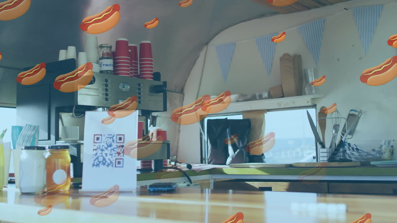 Hot dogs animation over food truck interior with QR code and kitchen supplies