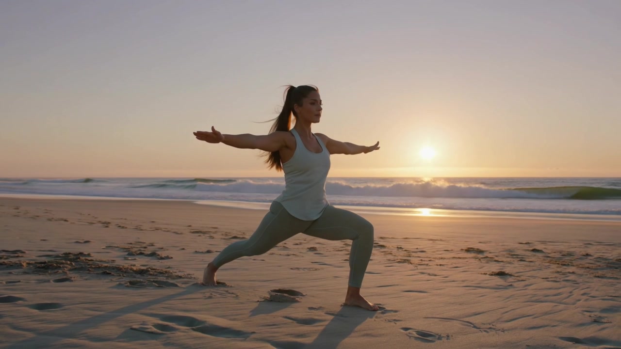 Donna in canotta e leggings che esegue un affondo ampio, pratica yoga sulla riva all'alba con le onde.