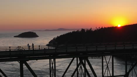 Aerial-shot-of-pedestrians-enjoying-the-sunset-at-Deception-Pass-State-Park