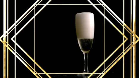 animation of shapes over glass of champagne on black background