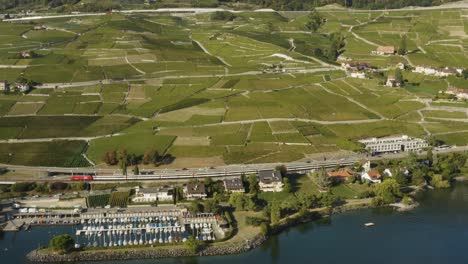 Panorámica-Aérea-Siguiendo-El-Tren-Suizo-Que-Viaja-A-Lo-Largo-Del-Lago-Léman-En-La-Región-De-Lavaux---Colores-De-Verano-De-Suiza,-Lago-Azul