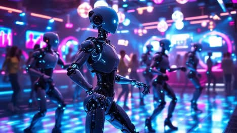 robotic figures dancing energetically under vibrant neon illumination, representing advanced technological entertainment scene