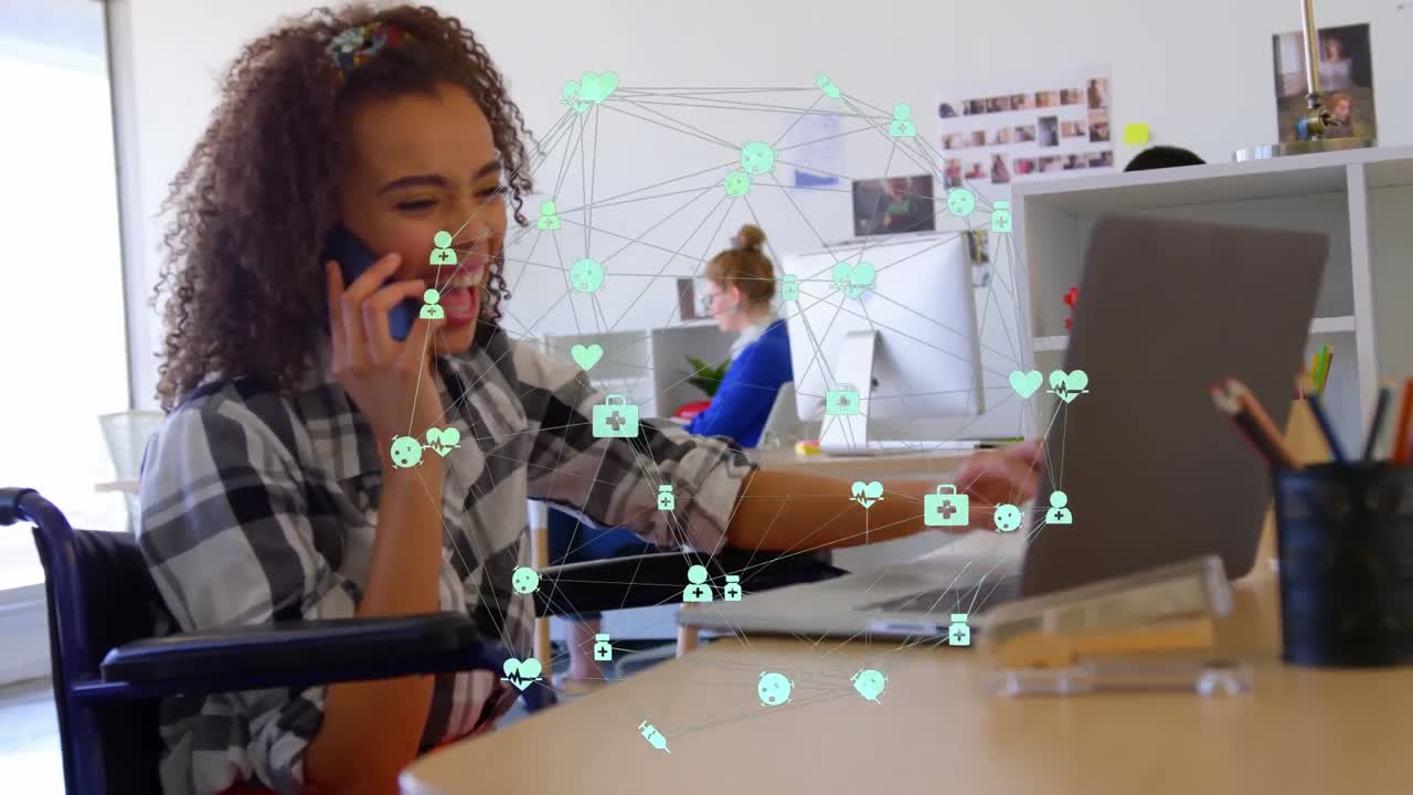 Animation of globe with network of connections and icons over biracial businesswoman in office