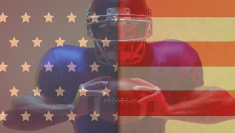 animation of flag of usa over caucasian male american football player holding ball