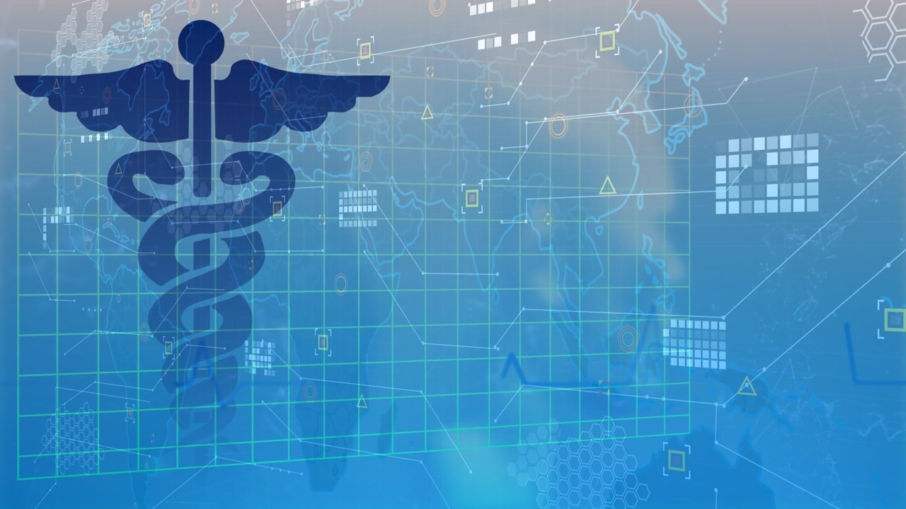 Medical symbol and data processing over world map and spinning human head model on blue background