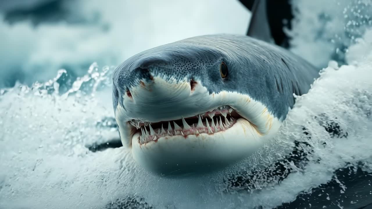 Shark breaching ocean surface. A large shark is breaching the surface of the ocean, creating splashes as it emerges from the water.