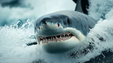 shark breaching ocean surface. a large shark is breaching the surface of the ocean, creating splashes as it emerges from the water.