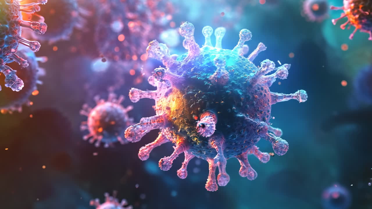 A close up of a virus with pink and blue colors. The virus is surrounded by a blue background