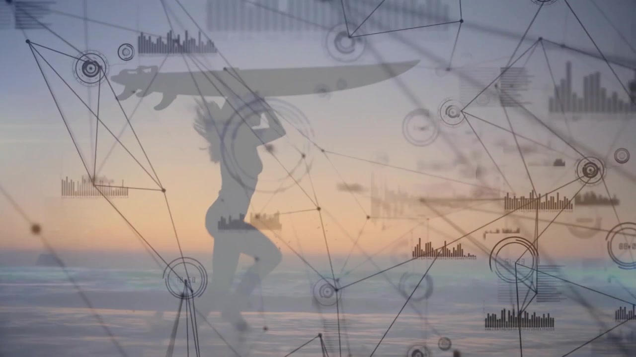 Graphic overlay activating network, surfer silhouette walking shore charts pulsing for coastal tech