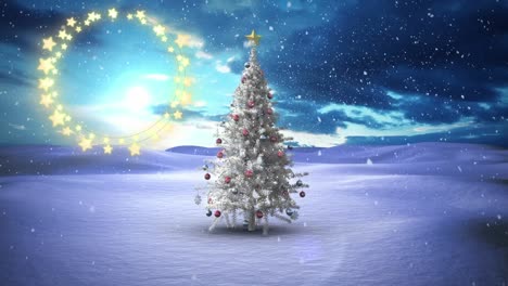 Decorative-shining-star-lights-against-snowflakes-falling-over-christmas-tree-on-winter-landscape