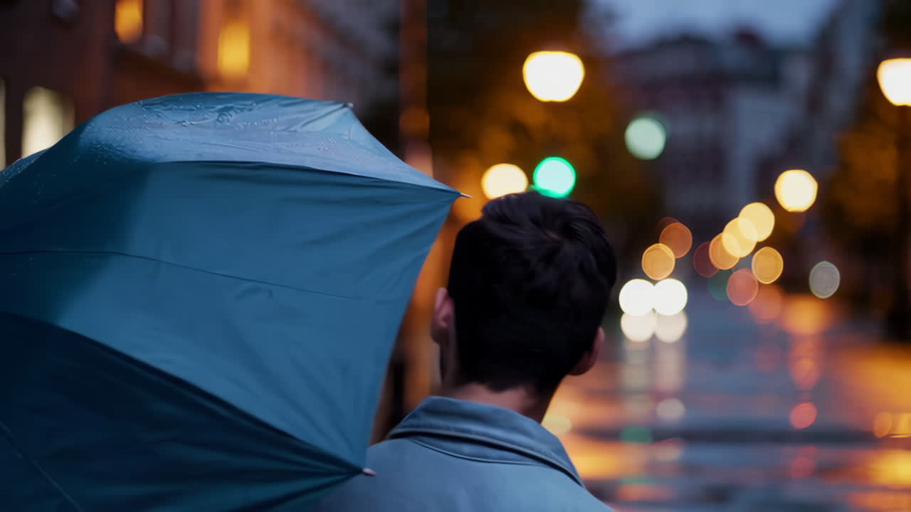 Man with umbrella in the rain at night