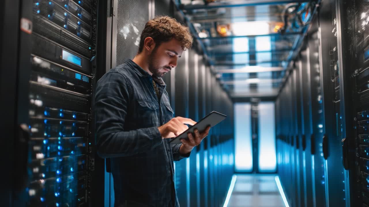 A Focused Professional Using a Tablet in a Server Room Surrounded by Rows of High-Tech Servers, Illustrating Modern Data Management and Technology Interaction