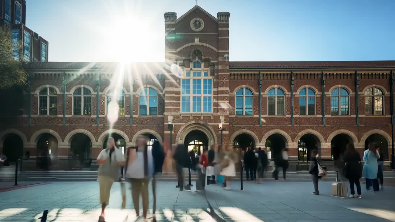 Zeitrafferaufnahme von Menschen, die tagsüber und nachts an einem Hochschulgebäude auf dem Campus vorbeigehen
