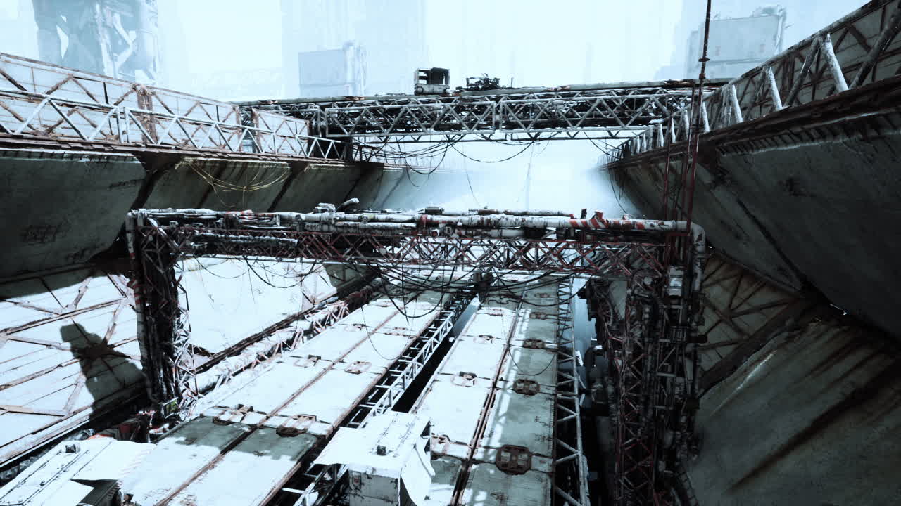 Old destroyed oil terminal abandoned in a cold desolate environment