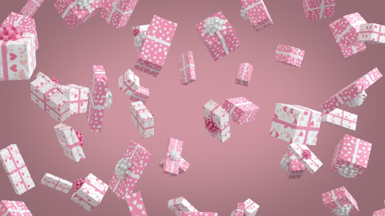 보라색 바탕에 부드러운 분홍색 발렌타인 데이 선물이 떨어집니다.