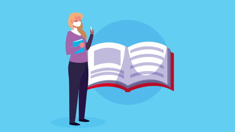 maestra que usa una máscara médica para covid-19 con un libro