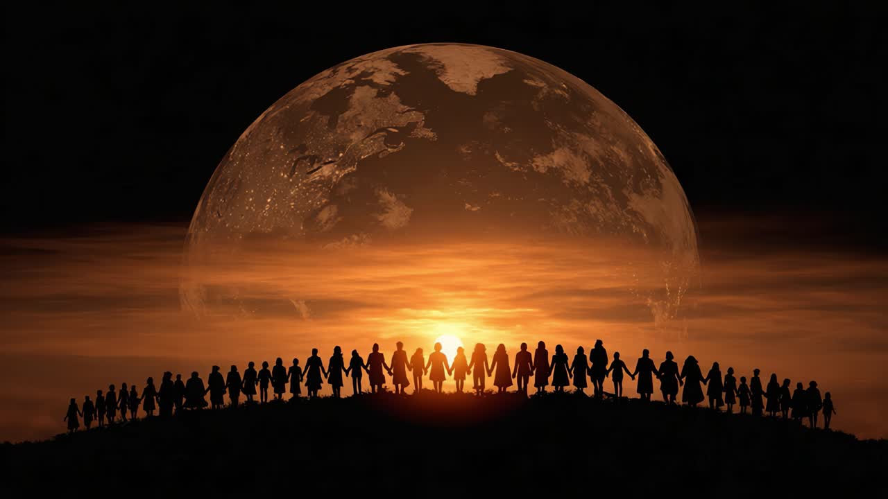 Silhouetted Figures Uniting Under a Rising Planet: A Powerful Scene of Togetherness and Hope Against a Stunning Cosmic Backdrop