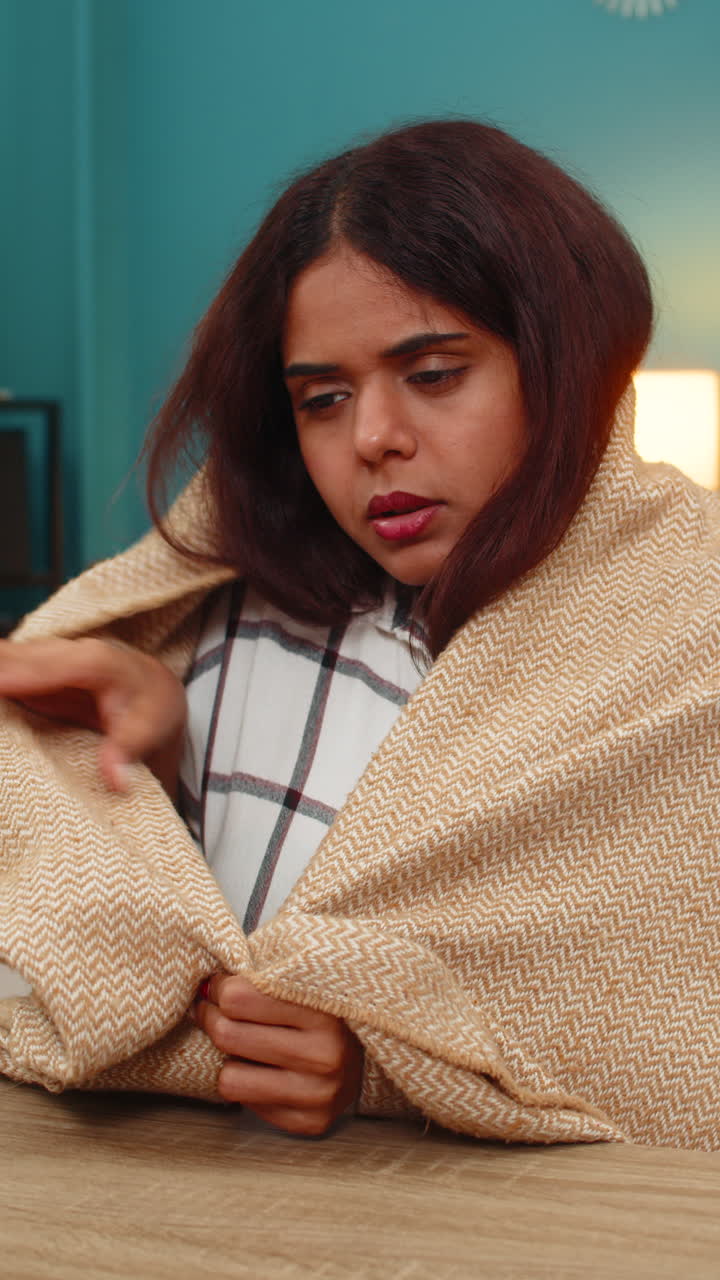 Indian woman wrapped in blanket touches forehead checking temperature feeling worried fever indoors