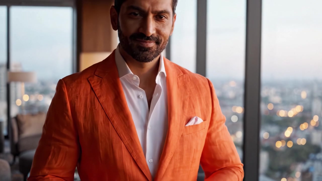 Um Homem Elegante de Terno Laranja em Pé Junto a uma Janela de Hotel Luxuoso com um Copo na Mão, Contemplando uma Bela Paisagem Urbana ao Anoitecer