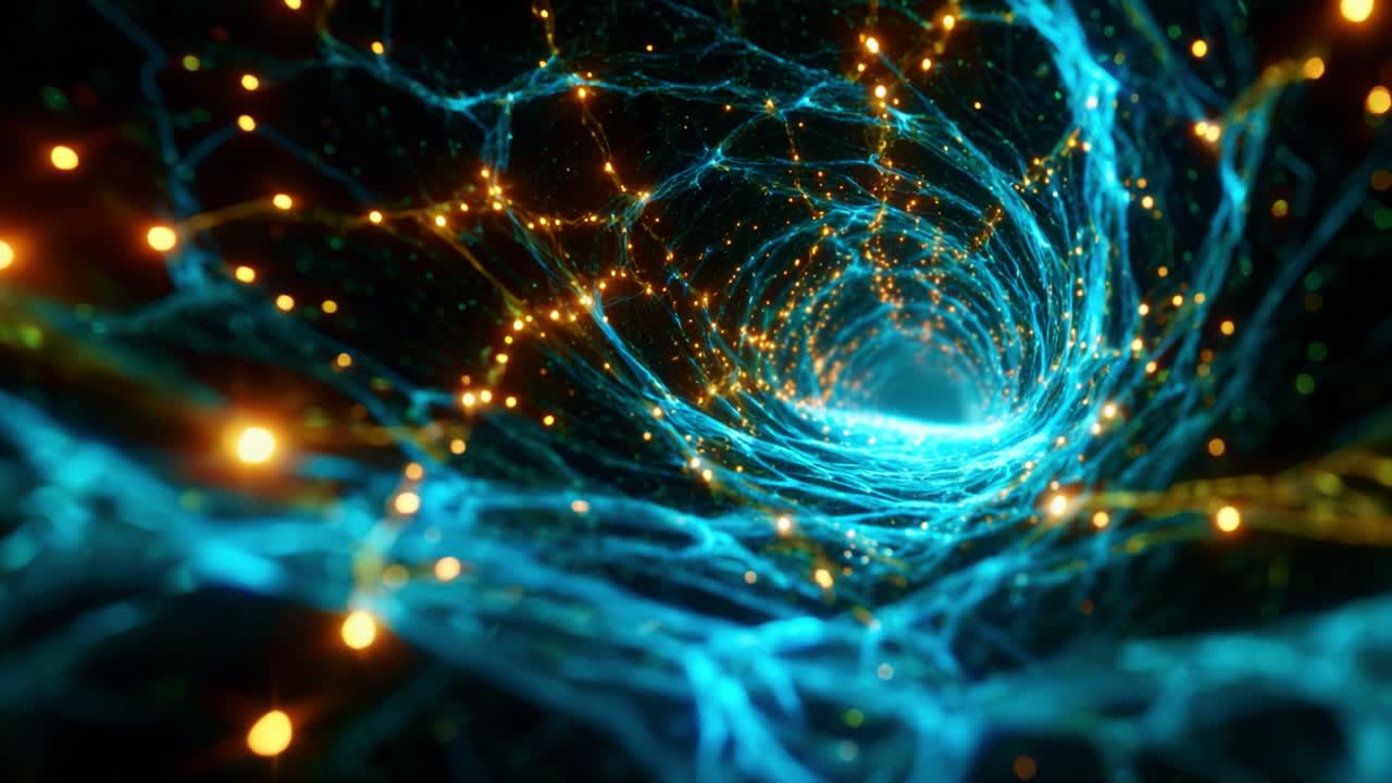 A Stunning Visualization of a Digital Tunnel with Neural Network Characteristics, Featuring Vibrant Blue and Gold Lighting that Creates an Enigmatic Atmosphere, Ideal for Science Fiction Themes and Technology Concepts