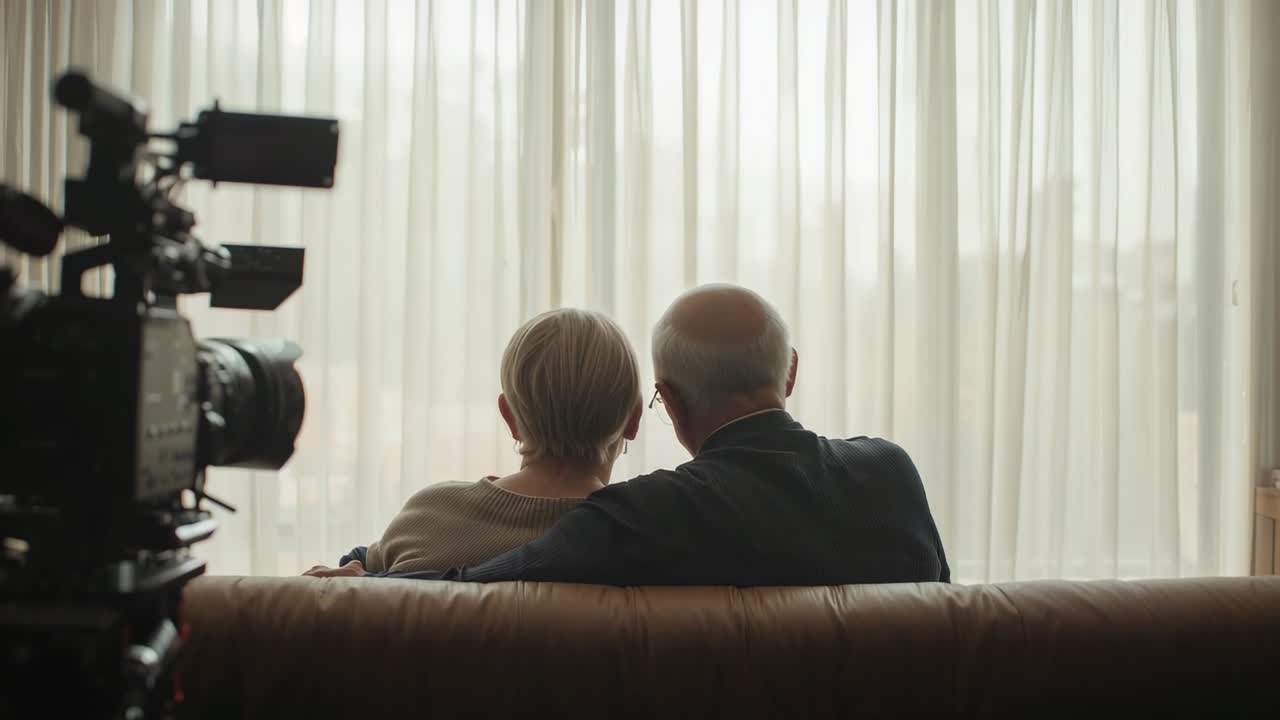 Sedící starší pár s hlavami blízko u sebe na koženém gauči u průhledných záclon, nahrávací filmové zařízení