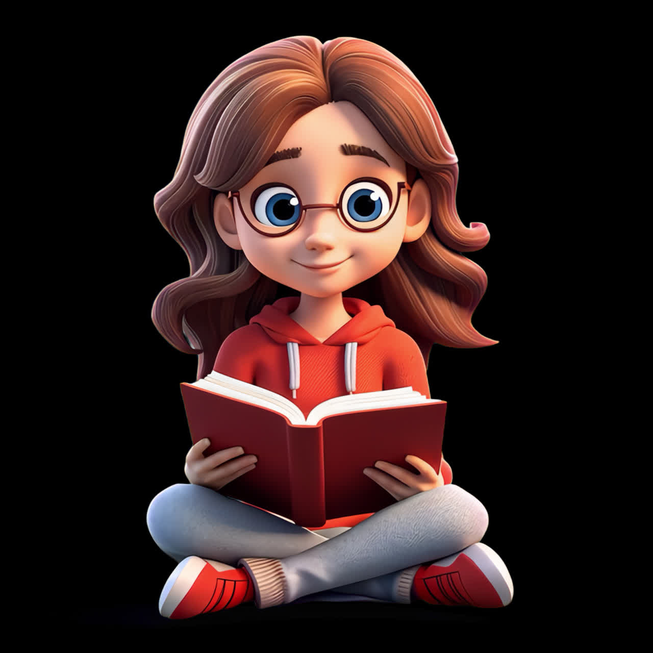 Cute girl reading book animation isolated asset, transparent 4K video, alpha channel, ProRes 4444