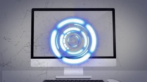 animación de escaneo de alcance y red de conexiones a través de la pantalla de la computadora en fondo gris.