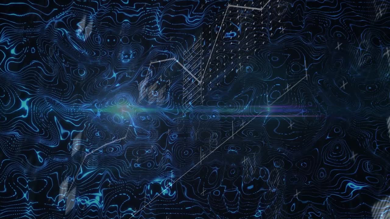 Abstrakt datanet danner et marineblåt lærred, med linseflare der gnistrer på fliser, og et glidende grafspor, der viser data.