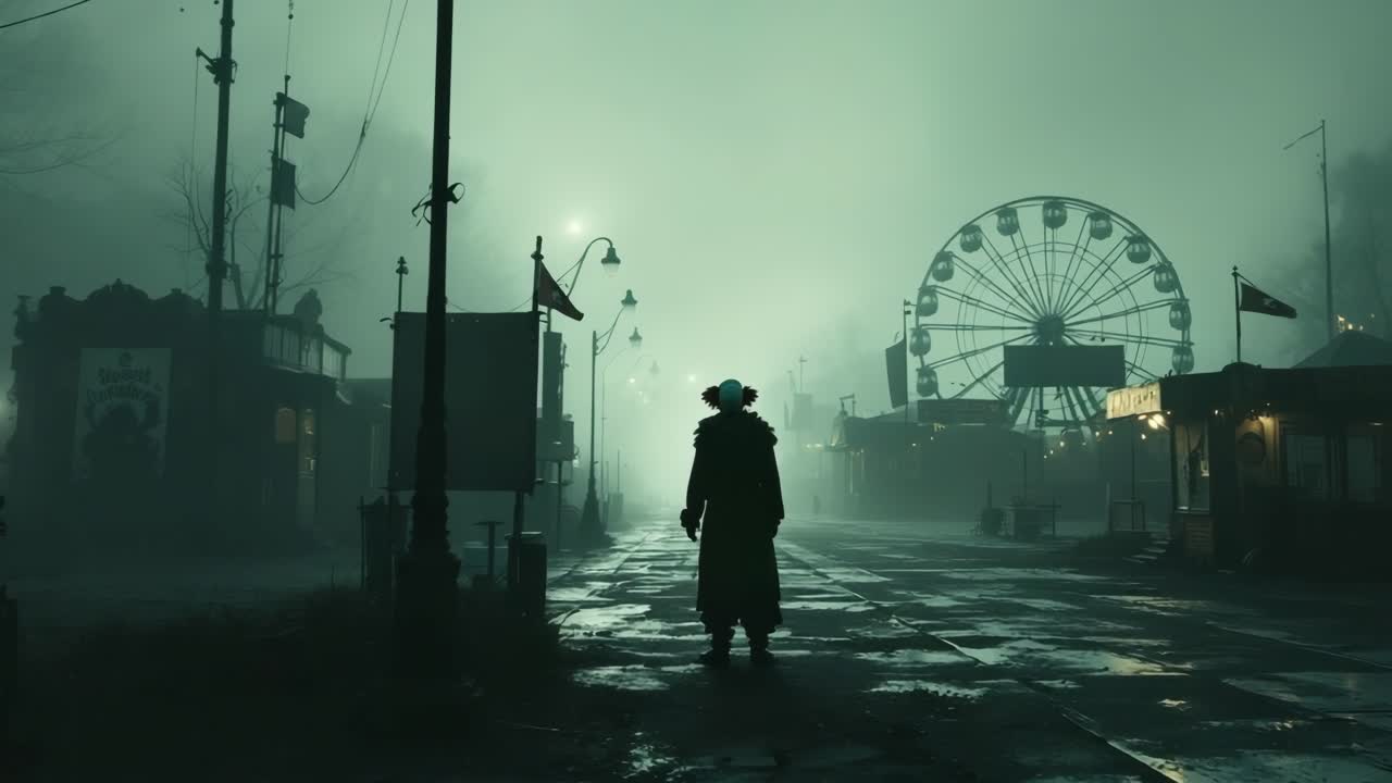 Mysterious figure in foggy carnival scene, showcasing eerie atmosphere and suspenseful tension
