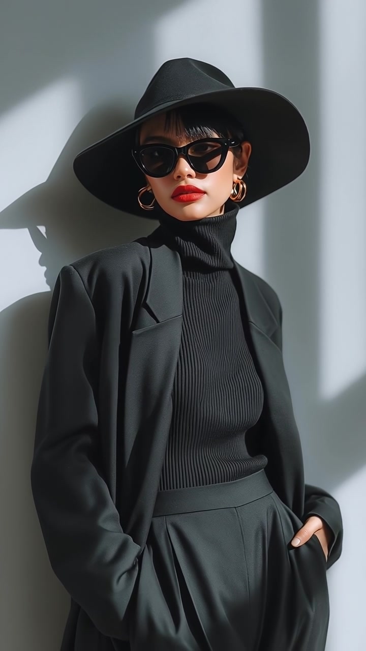 Donna alla moda con un cappello nero e un tailleur che posa contro un muro con ombre marcate.
