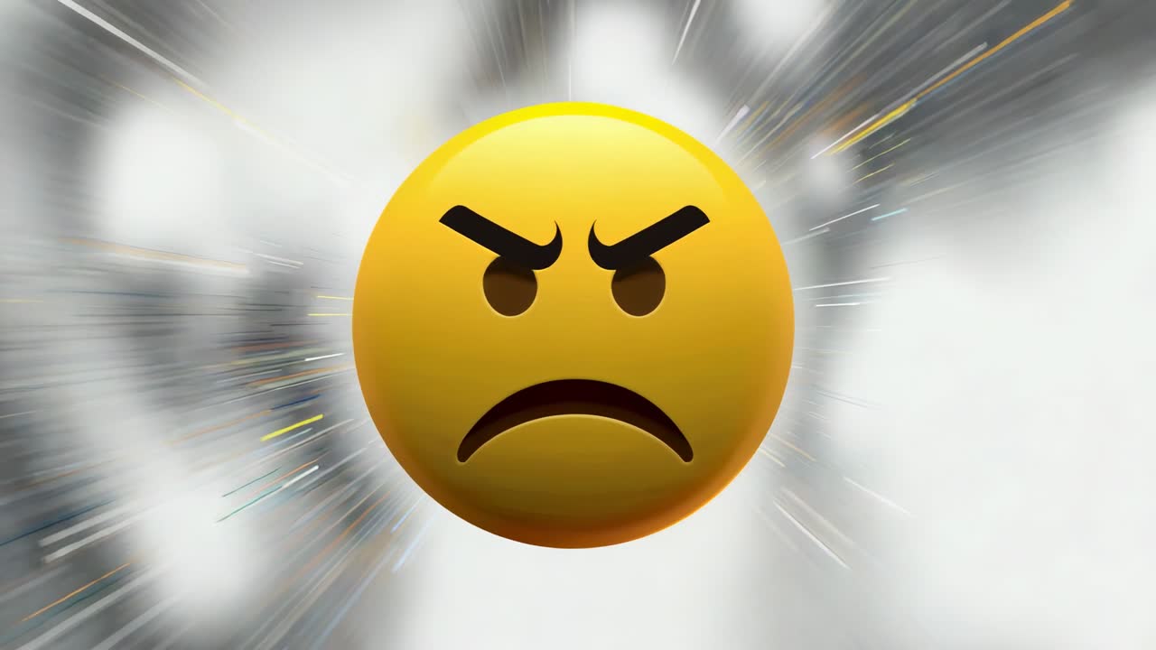 Upon start, 3D angry face emoji pulsing radial streaks, fading in digital haze, expressing anger