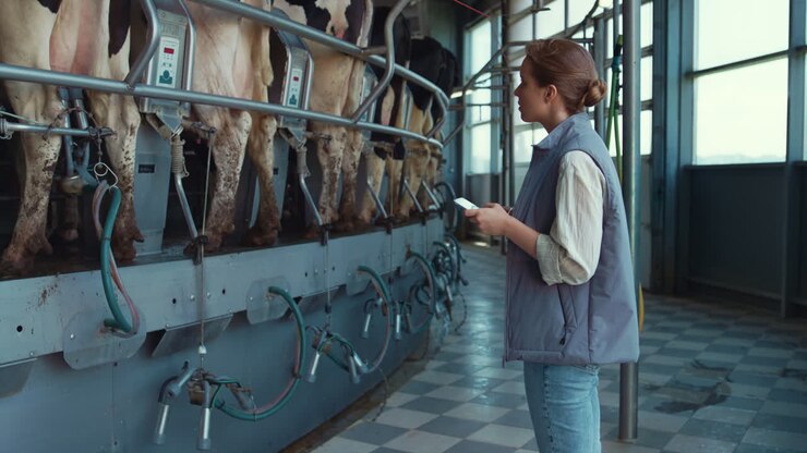 Farmer control milking process holding tablet computer. Modern dairy facility.