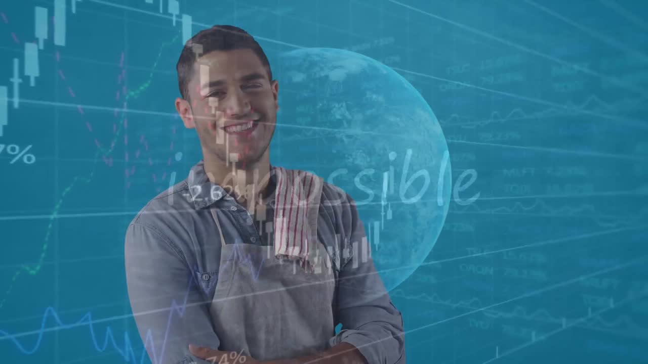 animación de procesamiento de datos financieros y globo con texto imposible sobre chef caucásico masculino.