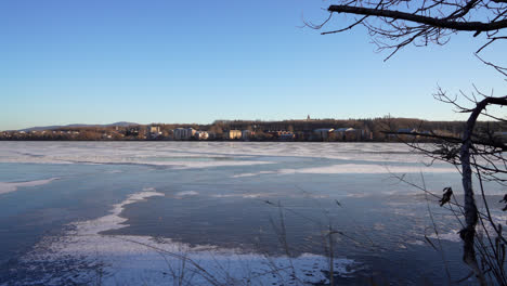 pan shot of a frozen lake in winter by sunset