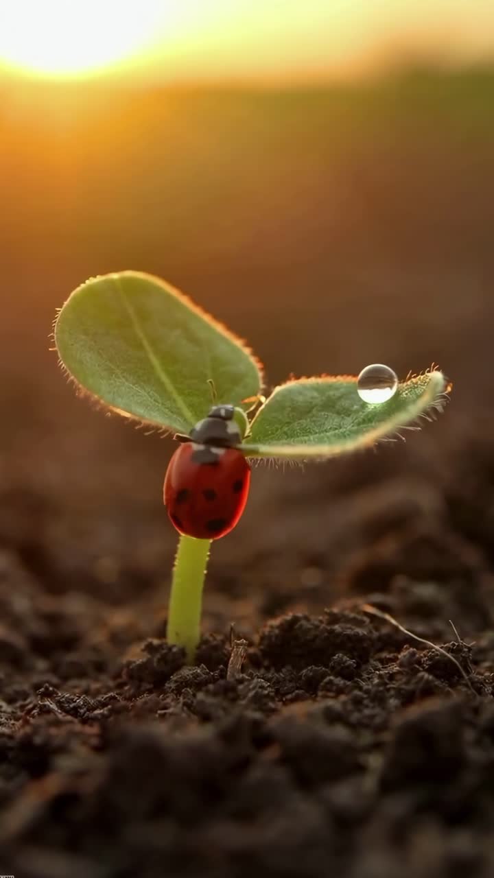 Coccinella che striscia su un giovane germoglio di pianta con una goccia d'acqua al tramonto