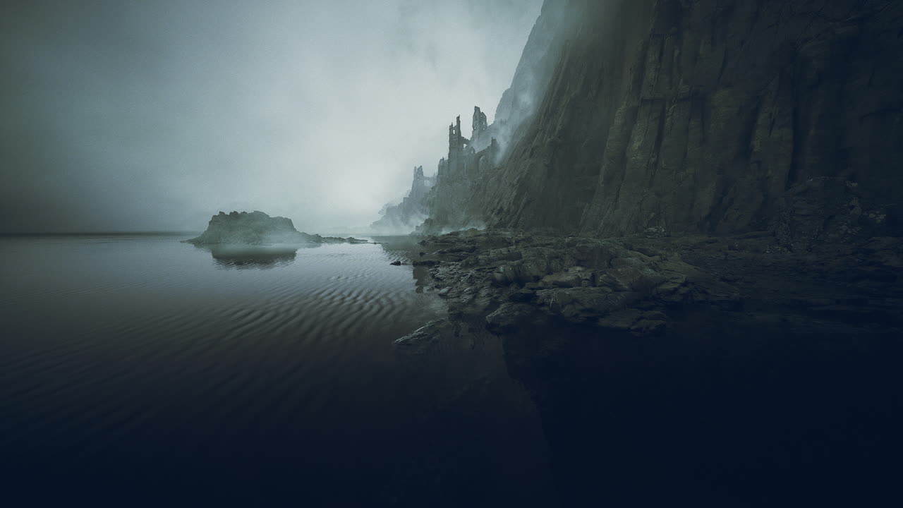 Mysterious castle ruins alongside a foggy shoreline at dawn
