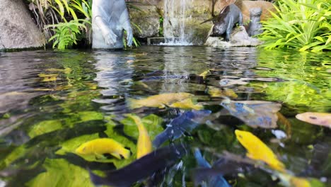 fish pond with statues and waterfall