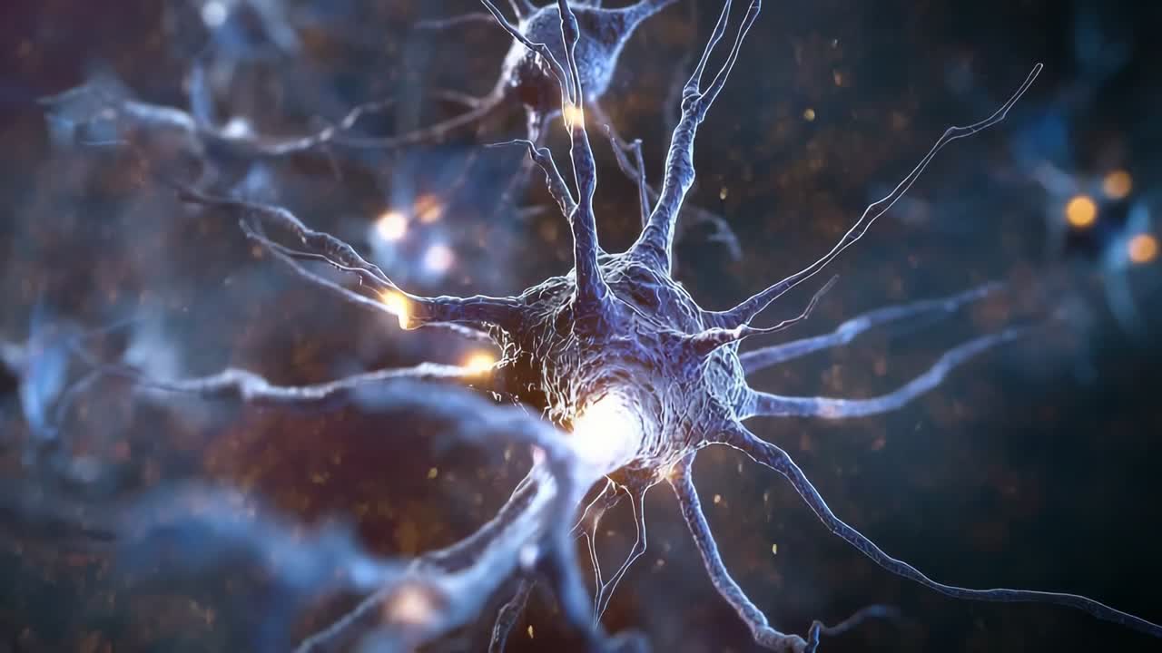 Single neuron receiving glows and propagating pulse along axon in simulation, with dendritic sparks