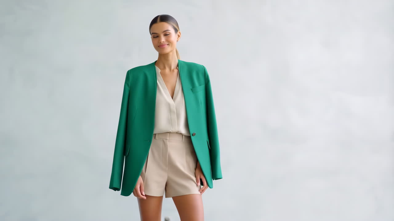 Giovane donna in posa con blazer verde e pantaloncini beige in studio.